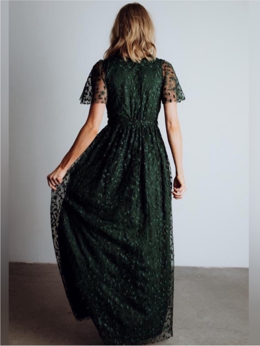 NWOT Baltic Born Marseille embossed Maxi dress Deep Green flutter sleeve Sz Med - Picture 2 of 11